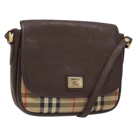 Burberrys Nova Check Shoulder Bag Leather Canvas Beige Gold Auth 138835